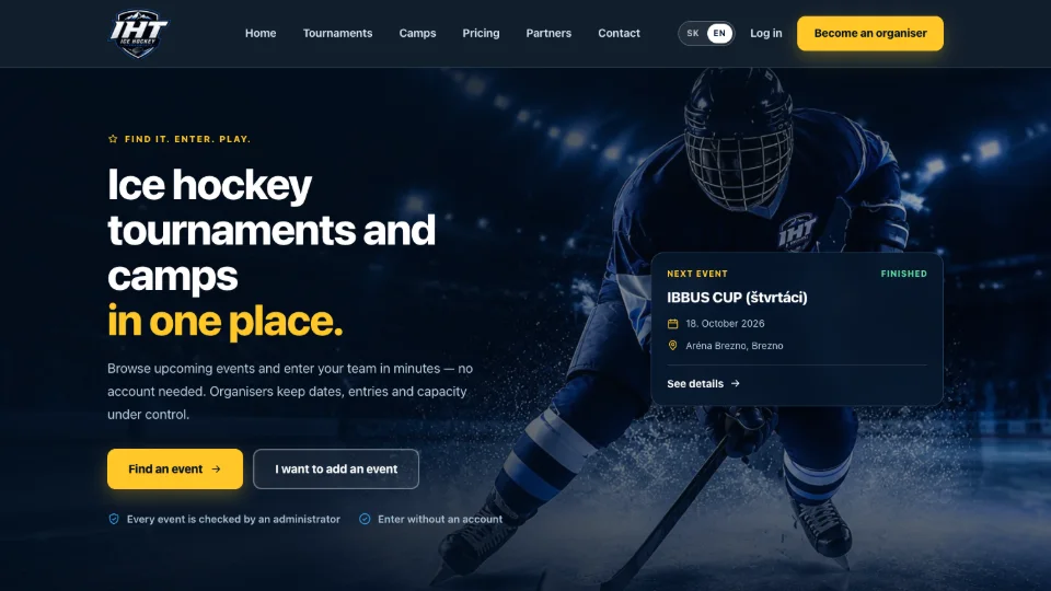 IceHockeyTournaments website, home page
